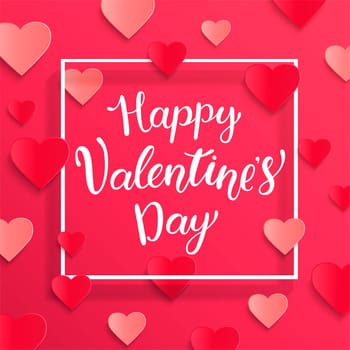 Card for happy Valentines day with lettering in white square frame, poster template. Pink abstract background with hearts ornaments. February 14.Vector illustration.