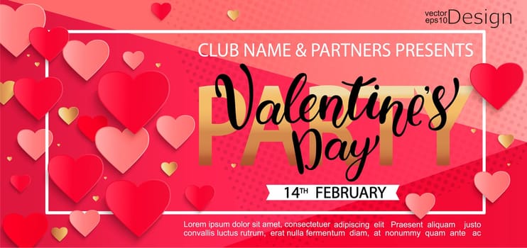 Card for happy Valentines day party with lettering in white square frame, poster template. Pink abstract background with hearts ornaments. February 14.Vector illustration.