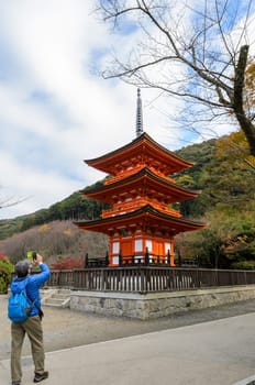 Red pagoda in autumn season at Kiyomizu-dera Temple, Kyoto, Japan