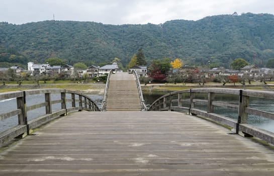 Kintai Bridge over Nishiki river in cloudy day, Iwakuni, Japan