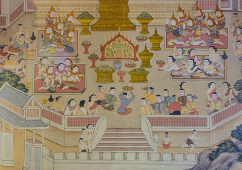 Thai mural painting of Lanna people life in the past on temple wall in Chiang Rai, Thailand