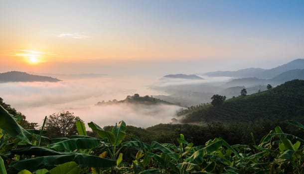 Sunrise with sea of fog above Mekong river at Phu Huai Isan mountain viewpoint in Nong Khai Province, Thailand