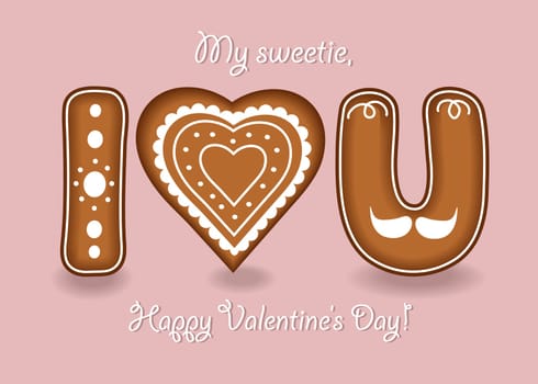 I Love you. Gingerbreads letters I, U and heart with white cream decor. My sweetie, Happy Valentines Day. Illustration