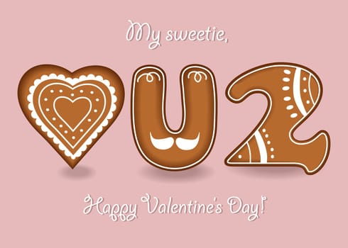 Love you too. Gingerbreads letter U, number 2 and heart with white cream decor. My sweetie, Happy Valentines Day. Illustration