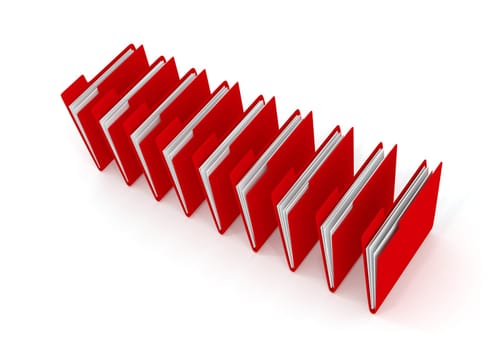 Red folder in a row on a white background, 3d rendering
