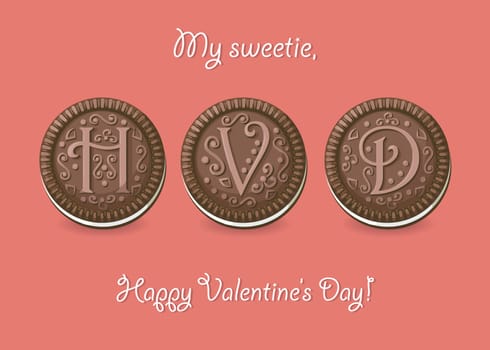 Happy Valentine Day. Chocolate cookies with graceful decor. My sweetie, Happy Valentines Day. Illustration