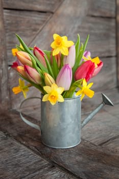 Small bouquet of flowers with tulips and Easter bells