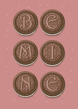 Be mine. Chocolate cookies with graceful decor. Colorful frame of spray.  Illustration