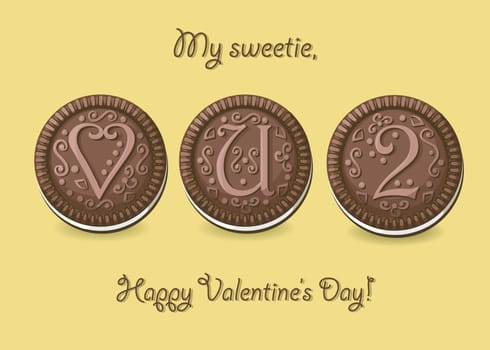 Love you too. Chocolate cookies with graceful decor. Heart, letter U and number 2. My sweetie, Happy Valentines Day. Illustration