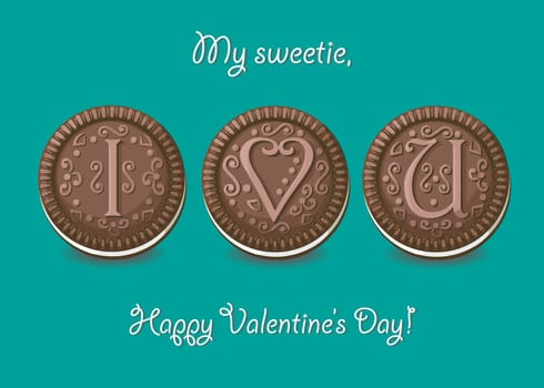 I love you. Chocolate cookies with graceful decor. My sweetie, Happy Valentines Day.  Illustration
