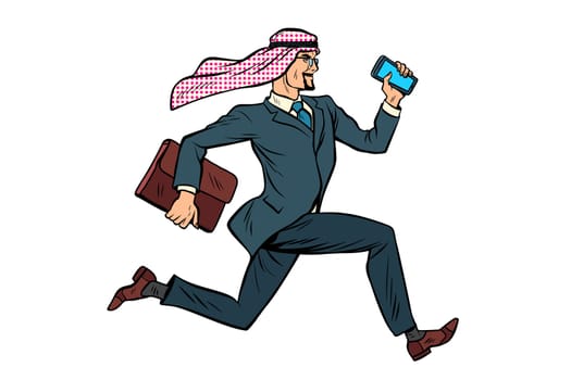 Running Arab businessman isolated on white background. Pop art retro vector illustration