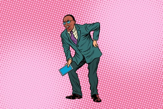 Male back pain. medicine and health. African American people. Pop art retro vector illustration