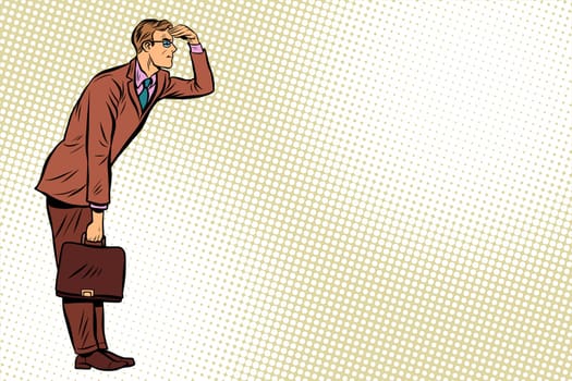 Businessman looking forward, watch. Pop art retro vector illustration