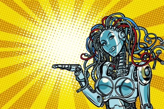 Beautiful woman robot promoter. Pop art retro vector illustration