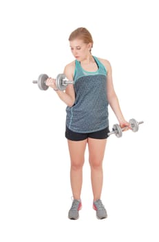 A fit young slim woman standing isolated for white background and.lifting two dumbbell's up to exercise her strength.