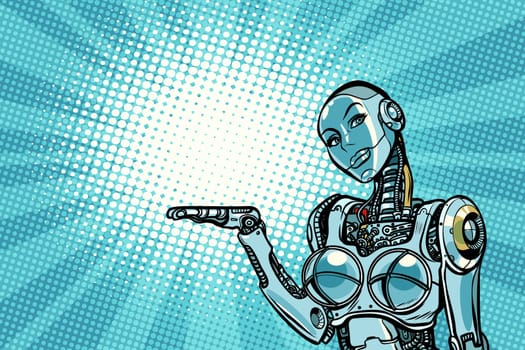 Beautiful woman robot presents. Pop art retro vector illustration