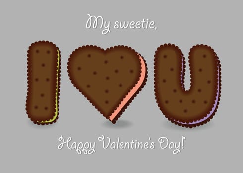 I love you. Chocolate cookies - big heart, letters I and U. My sweetie, Happy Valentines Day.  Illustration