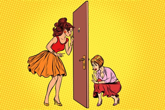 Two women spy on each other through the door. Pop art retro comic book vector illustration