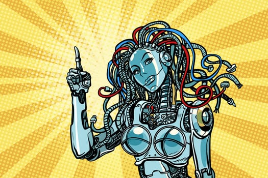 female robot indicates. Pop art retro vector illustration