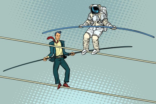 tightrope walkers acrobats businessman and astronaut. Pop art retro vector illustration.