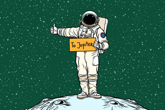 Astronaut hitch rides on Jupiter. Pop art retro vector illustration