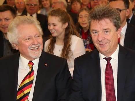 Former Lord Mayor of Magdeburg Willi Polte and Lord Mayor of Magdeburg Dr. Lutz Trümper (both SPD) at the ceremony for the 80th birthday of Magdeburg honorary citizen Willi Polte