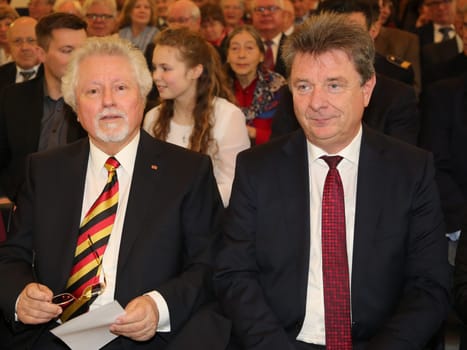 Former Lord Mayor of Magdeburg Willi Polte and Lord Mayor of Magdeburg Dr. Lutz Trümper (both SPD) at the ceremony for the 80th birthday of Magdeburg honorary citizen Willi Polte