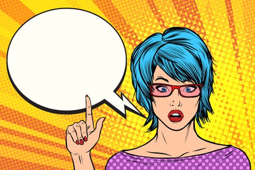 Pop art woman wow blue hair retro vector illustration