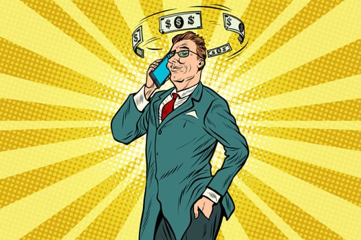 Businessman talking on the phone about finances. Pop art retro vector illustration
