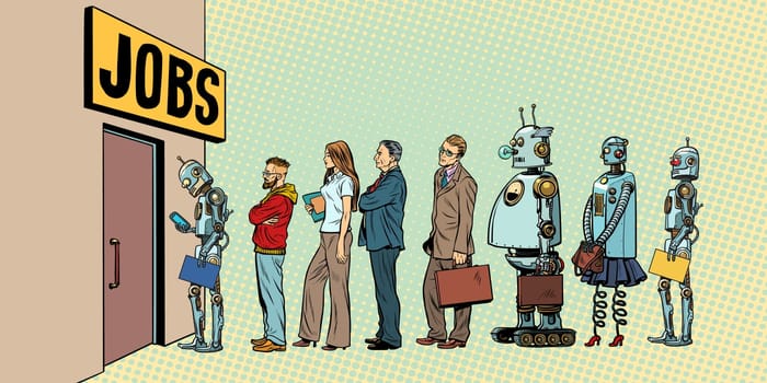 competition of people and robots for jobs. technological revolution. Unemployment in the digital world. Pop art retro vector illustration