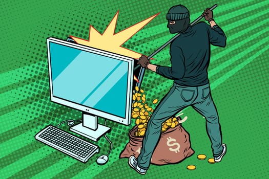 Online hacker steals dollar money from computer. Pop art retro vector illustration