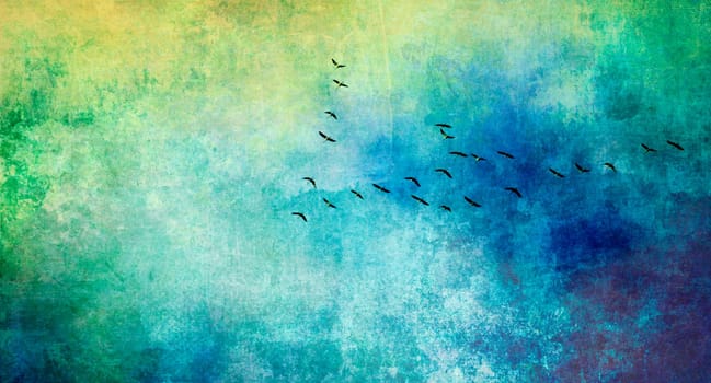 Birds (cranes) on the flight in formation to the south. Photo collage,texture,concept,background,nature,bird migration,phenomenon,migratory birds,sky,journey,narrative.