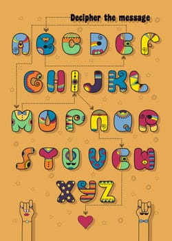 Artistic alphabet with encrypted romantic message Be Mine. Cartoon Disco letters with bright decor. Funny hands looking at each other. Red heart is as the end of message. Illustration