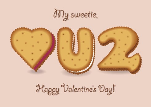 Love you too. Yellow cookies - Heart, letter U and number 2. My sweetie, Happy Valentines Day. Illustration