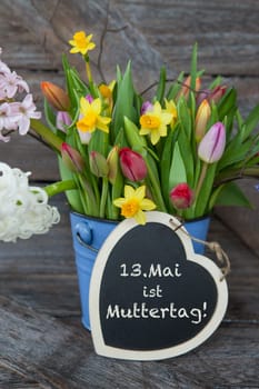 Colorful spring flowers in blue bucket on background of rustic wood