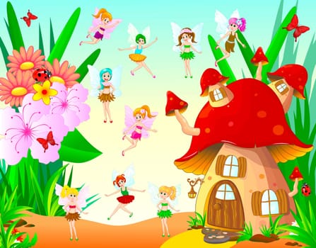 Fairies fly around the mushroom house. Fairies next to the mushroom house and flowers.