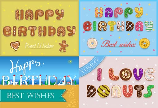 Happy birthday inscription by unusual font. Gingerbread cookies. Colorful donuts. White buildings on the summer beach. Plane in the sky.