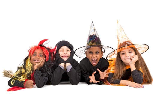 Kids with face-paint and Halloween costumes isolated in white