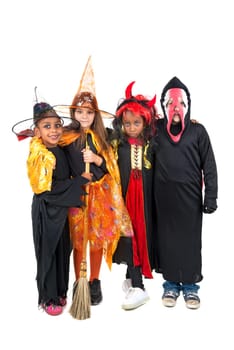 Kids with face-paint and Halloween costumes isolated in white