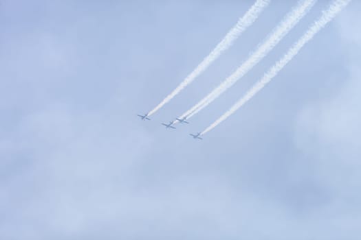 USA, Chicago - August 19: Chicago Air and Water Show, with smoke to track the high flying planes on August 19, 2017