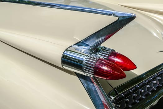 BAD NAUHEIM,GERMANY AUGUST 2017: Detail of tail fin of a classic classic car at an event,16 th European Elvis Festival in Bad Nauheim,Hesse