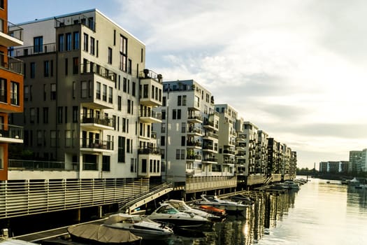 Luxury residential district in Frankfurt am Main,Westhafen at dusk.