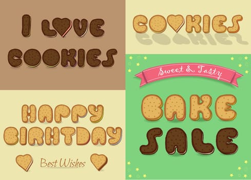 Inscriptions by sweet artistic font. I love cookies. BAke Sale. Happy Birthday. Letters are as chocolate and vanilla biscuits.  illustration