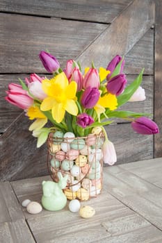 Easter bouquet with fresh tulips and daffodils