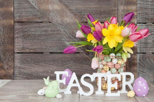 Easter bouquet with fresh tulips and daffodils