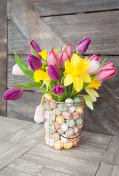 Easter bouquet with fresh tulips and daffodils