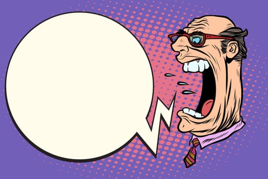Angry boss screaming, the giant head. Pop art retro vector illustration