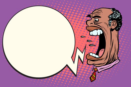 Angry boss screaming, the giant head. African American people. Pop art retro vector illustration