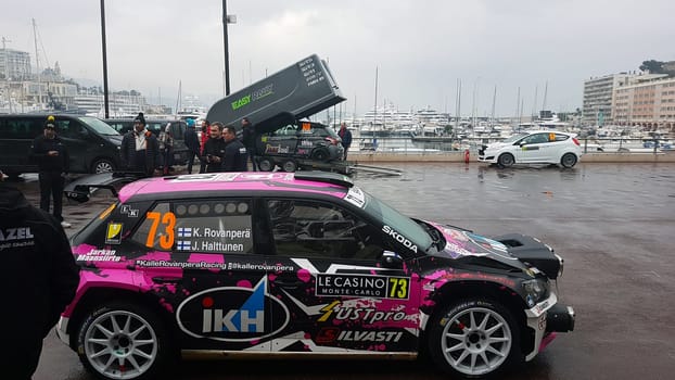 Monte-Carlo, Monaco, January 24, 2018: Skoda Fabia R5 WRC2 Parked on the Port Hercule of Monaco. Car of Driver Kalle Rovanpera. Rallye Monte-Carlo 2018, French Riviera
