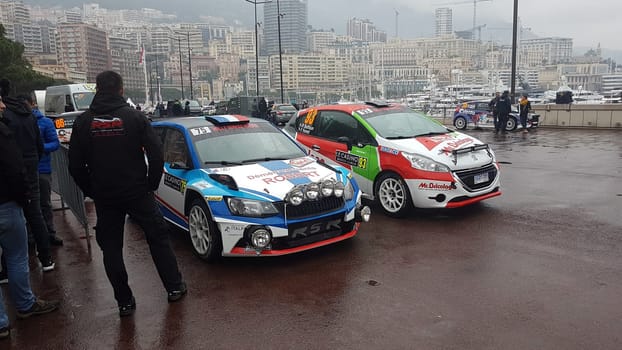 Monte-Carlo, Monaco, January 24, 2018: Skoda Fabia R5 And Peugeot 208 Rally Cars (Front View) Parked on the Port Hercule of Monaco. Rallye Monte-Carlo 2018, French Riviera
